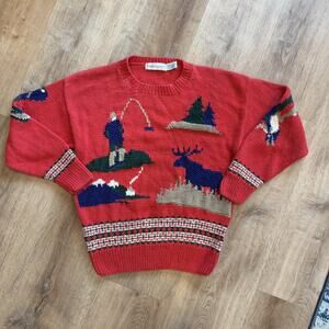 Robert Scott Vintage Knit Sweater Ramie/Cotton Fishing Christmas Red Large READ